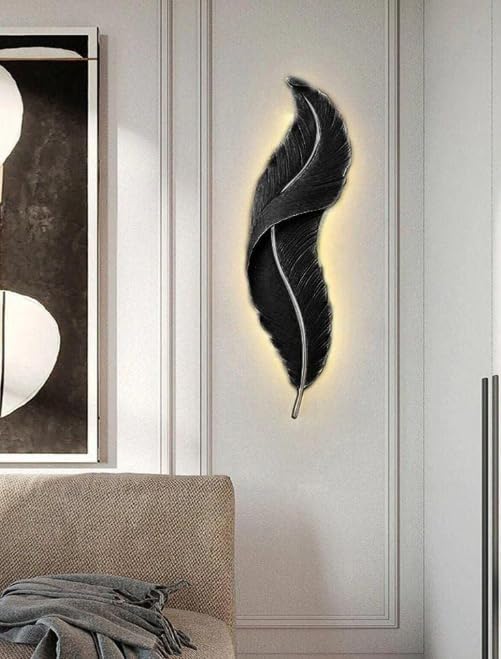 Image of Resin Antique Feather Wall Sconce|Snowy Quill Decorative Wall Light for Living Room, Hallway, Dinning Area, Kitchen- Warm White, Cool White, Natural White (Black+Golden)
