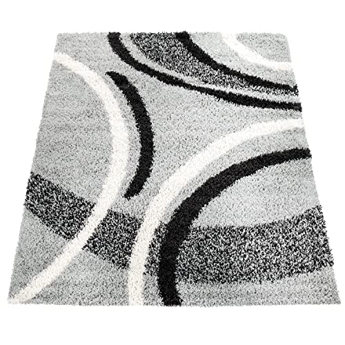 Shaggy Teppich Hochflor Langflor Gemustert in Grau Schwarz Weiss, Grösse:140×200 cm - 5