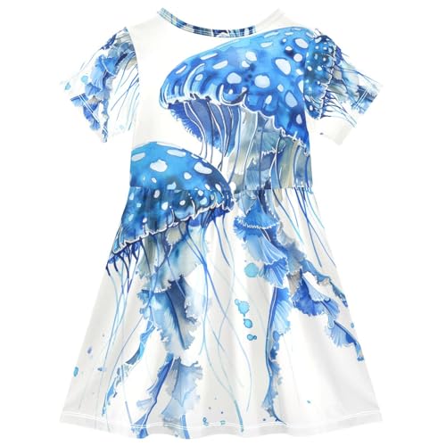 ALAZA Girls' Dresses Watercolor Blue Spotted Jelly Fish Aquarium Life Marine Animals Ocean Deep Sea Short Sleeve Dresses2