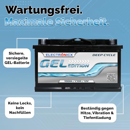Seitenprofil der wartungsfreien Electronicx GEL Batterie 100Ah - Detailansicht von Electronicx GEL 12V 100Ah Batterie...
