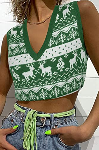 Image of JULYCLO Christmas Sweater Vest Women Ugly Xmas Reindeer Knit Sweaters Casual Santa Snowflake V Neck Sleeveless Outwear Tops