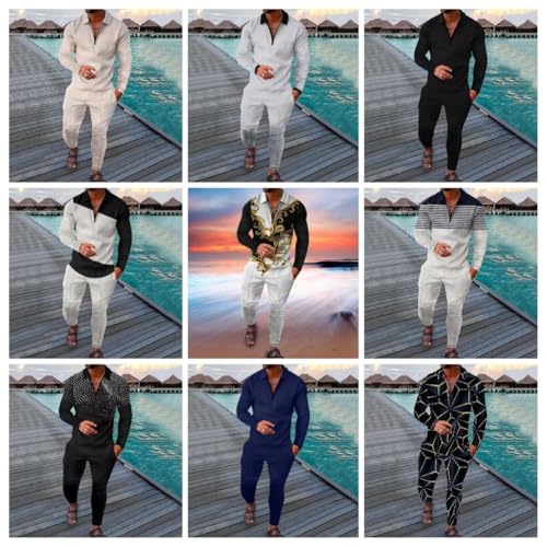 Men's Polo Sweatsuit Sets Long Sleeve 2 Piece Outfit Fashion Jogging TrackSuit Comfy Casual Set for Men3