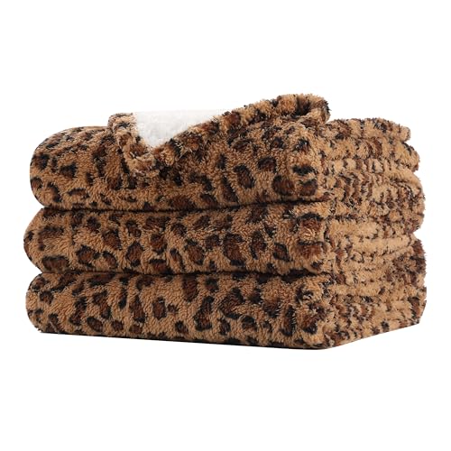 Centhermy Soft Comfort Cotton Fleece Shawl Blanket 130×160cm Warm & Skin-Friendly Single Size Wearable Blanket for Sofa Office or Travel Machine Washable Leopard Print Classic Brown