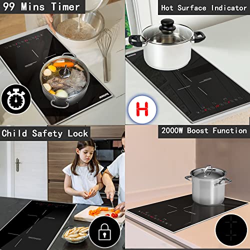 Karinear Induction Cooktop, 2 Burners Electric Cooktop 12 Inch, Built-In Induction Cooker With Glass Protection Metal Frame, Child Lock, Timer, Booster, 3500W 220-240V Hard Wire, No Plug #TOP3