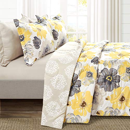Lush Decor Leah 6 Piece Floral Comforter Set, Full/Queen, Yellow & Gray #TOP4