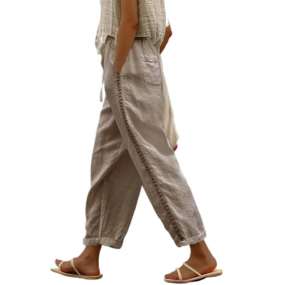 Xernbit Cotton Linen Capri Pants for Women Summer Casual Solid Color Drawstring Waisted Pants Lightweight Trousers Pockets