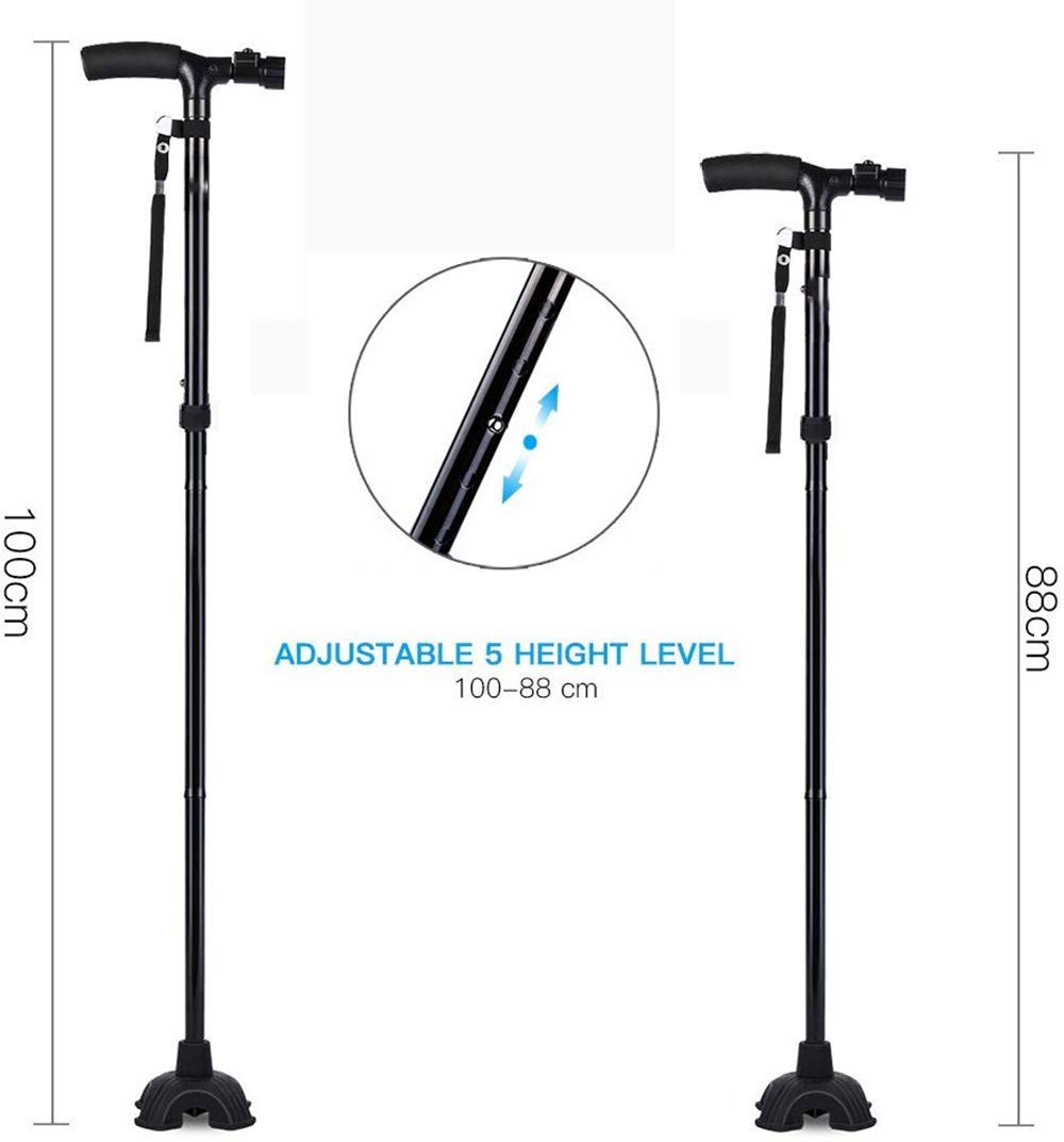 Bastón LED Plegable Bastones de Viaje Plegables Ajustables con luz LED y 5 Niveles Altura Ajustable Plegable Ligero para Hombres Mujeres Ancianos (Negro) Interesting