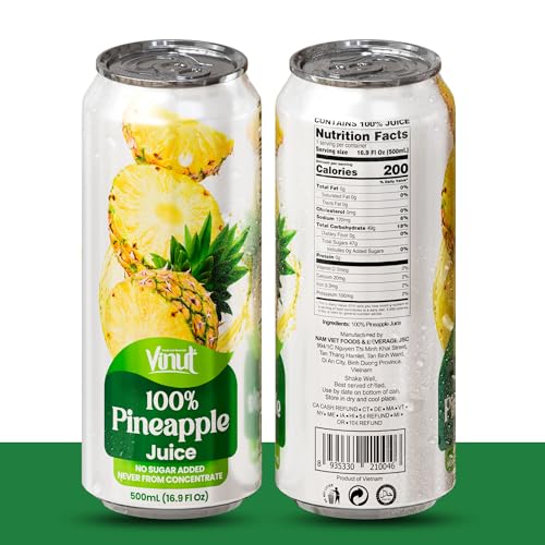 Image of VINUT 100% Pineapple Juice, No Added Sugar, Not From Concentrate, 16.9 fl oz (500 mL) Can, Pack of 12