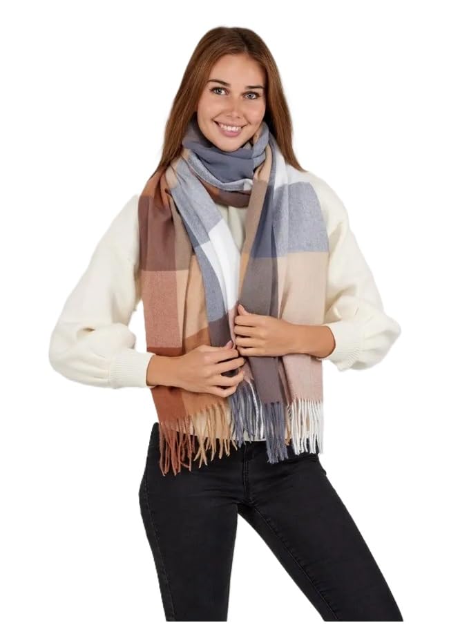 Image of Alexvyan Winter Warm Long Stoles Shawls Long Big Checked Scarves Woolen Female Casual Scarf Soft Wrap For Casual Formal Occassions 200Cm*70Cm (Brown & Multicolor)