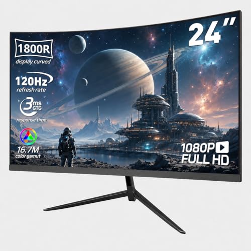 Image of 24 Inch Curved Gaming Monitor, FHD 1080P 120Hz Computer Monitor with 3ms MPRT, AMD FreeSync Compatible, 1800R Curved Screen, Built-in Speakers, HDMI & DisplayPort, VESA Mount