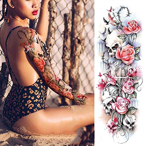 3 Blätter Temporäre Tattoos Frauen Erwachsene 3D Halbarm Skelett Blumen kompass Tatoos Wasserfest Fake Tattoo Aufkleber Krieger Damen Herren Tattoo Aufkleber Halloween A,170 * 480mm Cover