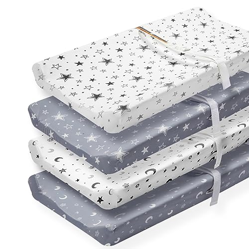 Image of 4 Pack Star and Moon Neutral Unisex Fitted Baby Sheets Set for Baby Boys or Girls (Changing pad Cover)