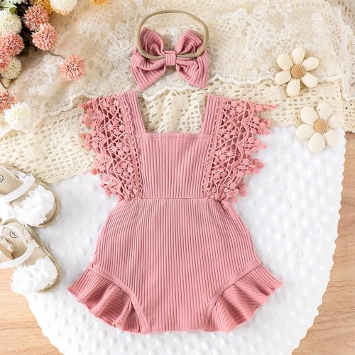 Newborn Baby Girl Lace Romper Ruffle Sleeveless Backless One Piece Jumpsuit Bodysuit with Headband Summer Clothes3