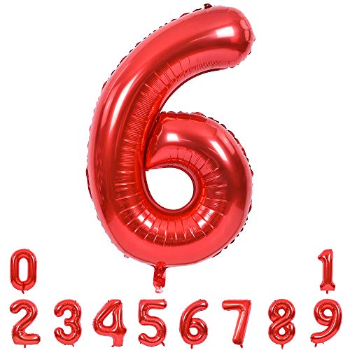Image of TONIFUL 40 Inch Red Number 6 Balloons Large Foil 6th Birthday Decorations | Red 6 Balloon Number Six for 6th 16th 26th 36th 60th Birthday 6 Year Anniversary, Red Birthday Decor for Men Women Boys Girls