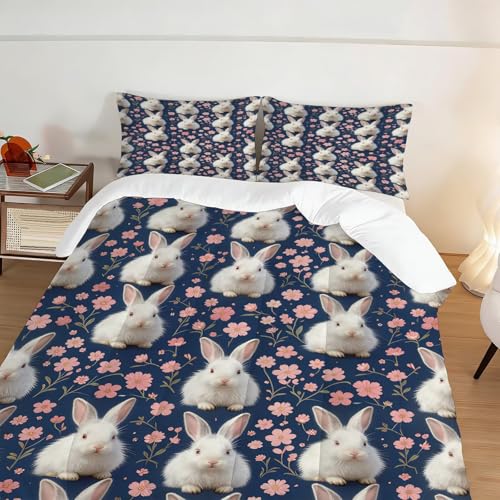 Image of Kawaii Floral Rabbit Comforter Set Queen Size Blue Pink Flower Bunny Bedding Sets for Kids Teens Boys Girls Bedroom Easter Decor Cute Animal Quilt 1 Comforter 2 Pillowcases