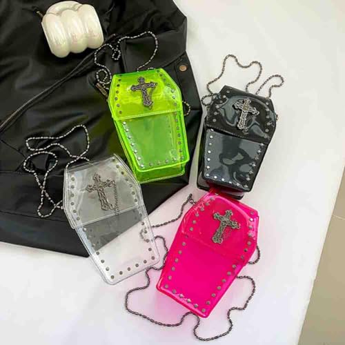 Image of Gothic Rivet Coffin Shape Crossbody Bag, Women's Studded Cross Transparent Shoulder Bag, Novelty Vintage Punk Phone Purse