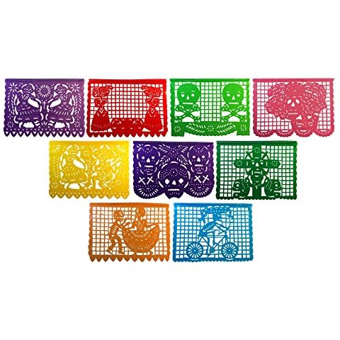 Paper Full of Wishes Regular Size Plastic Day of the Dead Papel Picado Banner I Un Dia de Memoria I Decorations for Dia De Los Muertos I Banner has 9 Regular Panels and is over 14ft Hanging Cover