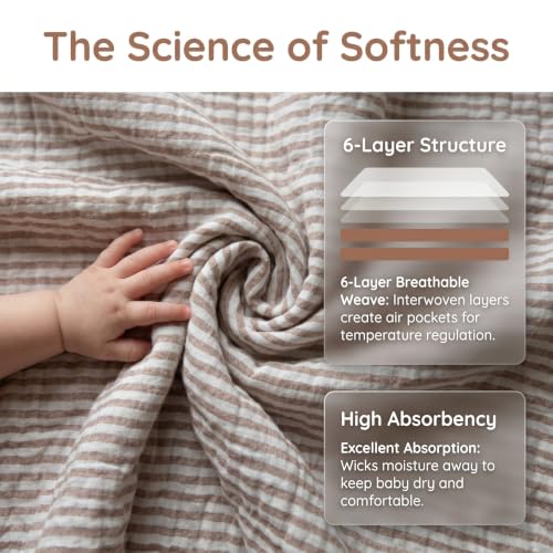 Image of 6-Layer Cotton Muslin Baby Blanket 43x43 inch Swaddles Coffee Striped