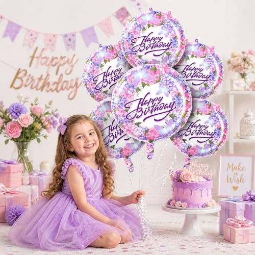 Image of Rozi Decoration Happy Birthday Foil Balloons Round Printed Floral Design with Butterfly Theme, 18 Inch Helium Support Party Decoration Balloons - Pack of 6 Pcs