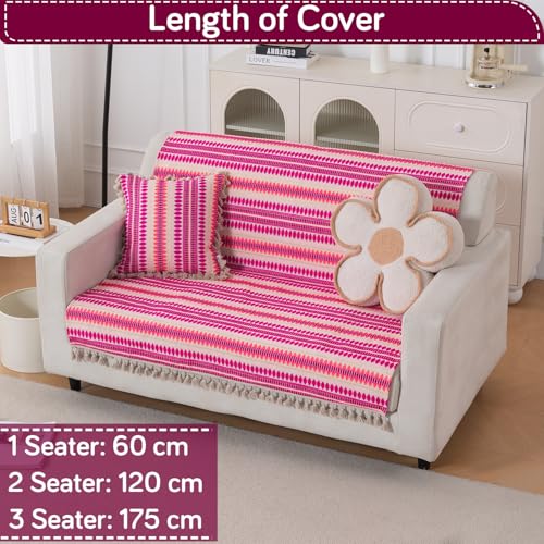Image of HOKIPO 'Artisan Boho Series' Sofa Cover with Tassel for 2 Seater Sofa | 450 GSM Thick Cotton Acrylic Jacquard Fabric Sofa Cover, Size 152x120 cm, Fuchsia Pink (IN-908-A5)