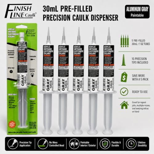 Image of Finish Line Caulk 30mL Pre-Filled Precision Caulk Applicator Gray 5-Pack | Clean, Controlled Application with Less Mess and Rework