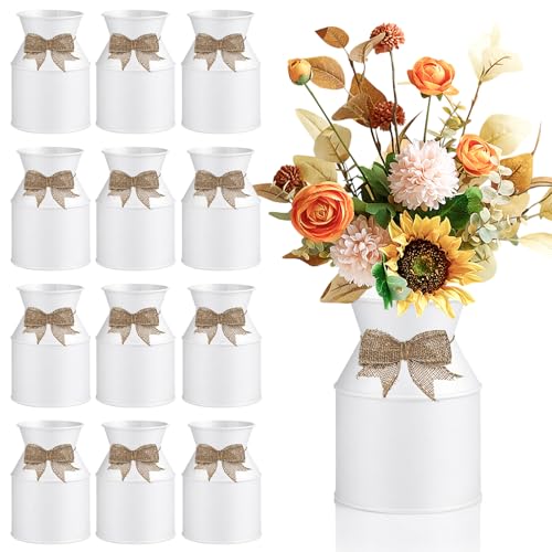 Cinrobiye 12 Set Farmhouse Metal Flower Vase Decor Rustic Galvanized Milk Can Jug Vase with Twine Burlap Bow Vintage Tin Flower Buckets for Floral Table Centerpiece Weddings Decor (12, White)