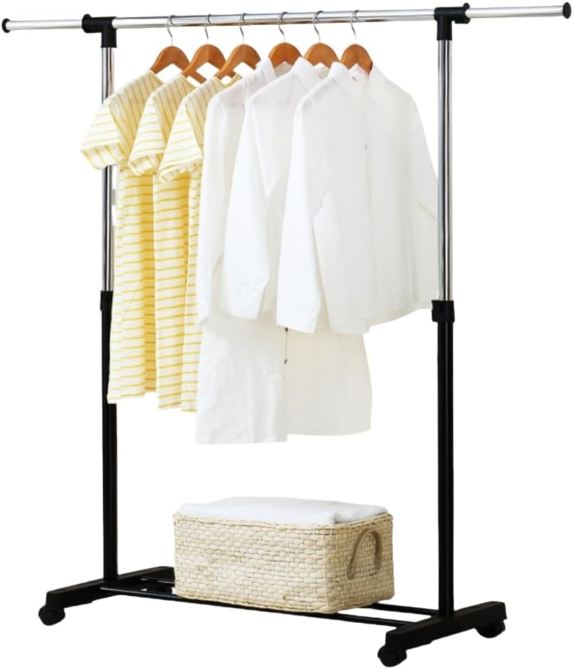 Clothing Garment Rack with Bottom Shelf, Heavy Duty Double Rods Clothes Hanging Rack with Wheels, Extendable Rolling Garment Rack with 2 Hooks, Commercial Clothing Storage Display, Chrome