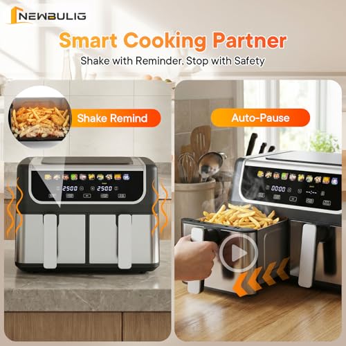 Image of NEWBULIG Dual Air Fryer with 2 Baskets 9.5 QT, 10 in 1 Large Air Fryers | Ceramic Crisper Plate, Match Cook, Sync Finish, Shake Reminder, 80-450F Wide Temp, Roast, Defrost, Dehydrate, Bake, Black