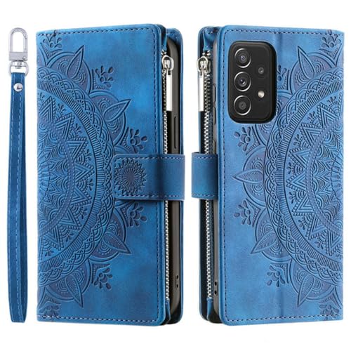 Étui de téléphone en cuir avec portefeuille et lanière pour Samsung Galaxy A54 A34 bleu