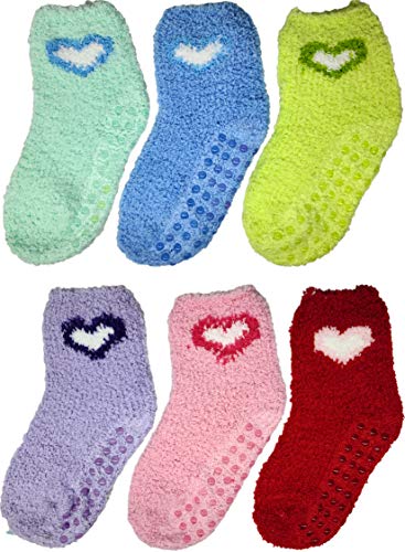 6 Pairs Warm Fuzzy Socks for Kids with Grippers - Non Skid Slipper Socks for Toddlers - Solid Hearts 12-24 Months Debra Weitzner