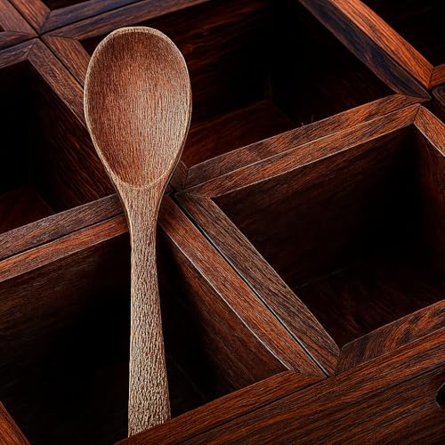 Image of THEHEARTWILL Sheesham Wooden Spice Box with 2 Spoons | Wooden Masala Box for Kitchen with Removable Partitions | Spice Box Wooden Namak Dani | Wood Masala Dabba Dani Container, Brown. (Masala dabba)