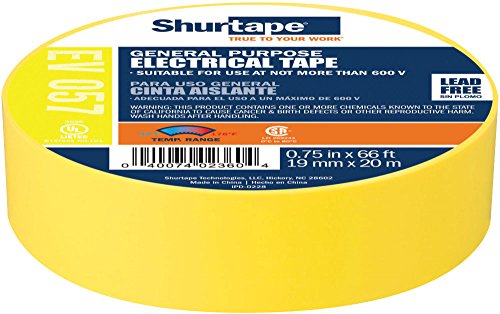 Shurtape EV 57 General Purpose Colored Vinyl Electrical Tape, UL Listed/CSA Approved, 7.0 Mil, Yellow, 3/4 Inch x 66 Feet, 10-Roll Pack (200788)