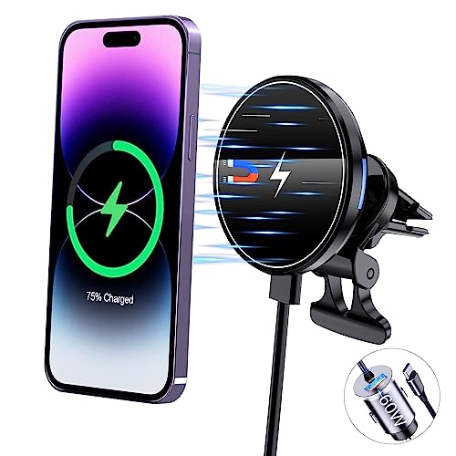 Magnetic Wireless Car Charger Mount,Compatible with MagSafe Car Charger,15W Fast Charging Air Vent Car Phone Holder for iPhone 16 15 14 13 Pro Max Plus MagSafe,Car Accessories(with 60W Car Adapter)