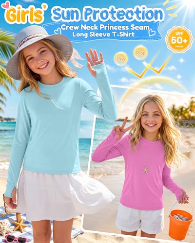 Image of 3 Pack Girls' Rash Guard Swim Long Sleeve Shirt UPF 50+ UV Sun Protection Quick Dry Tee with Thumb Holes 5-14Y
