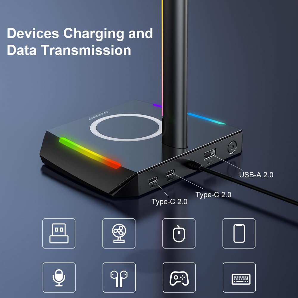 Feegar Hold RGB Kopfhörer Ständer mit Wireless Ladegerät,Gaming-Headset-ständer Headset Halterung Wireless Charge Kopfhörer Halter mit 1*USB 2*Typ-C 11 Lighting Effects Modes
