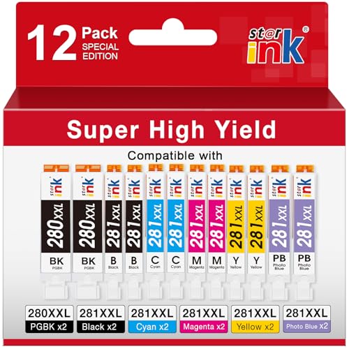 PGI-280XXL/CLI-281XXL Replacement for Canon TS9120 Ink Cartridge Compatible with Canon Pixma TS8320 TS9120 TR8520 TR8620 TS8120 TS8220 TS8300 TS9120 TS 8100 Printer(2X PGBK,BK,C,M,Y,PB) 12-Pack