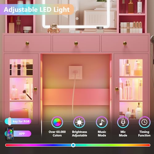 Image of Pink Vanity Desk with Mirror and Lights, Glass Top Vanity with Lighted Mirror & RGB Cabinet and 3 Drawers, Dressing Table with 8 Shelves, Makeup Desk with Lights for Girls Bedroom, 3 Color Modes