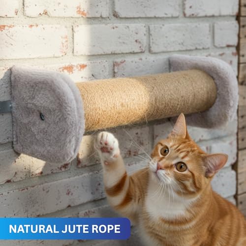 Image of Wall-Mounted Cat Scratching Post, Natural Jute Rope, Plush Cushioned Ends, Space-Saving Design (5X16) FURR-156 (Grey)