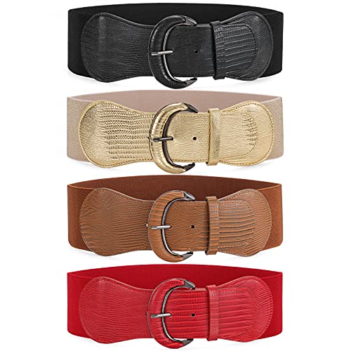 Whippy 4 Pack Women Wide Elastic Waist Belt Vintage Stretchy Belt Waistband For Ladies Dresses, Black/Brown/Red/Gold, L #TOP7