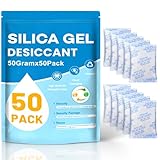 VOISEN 50 Gram 50 Pcs Color-Indicating Silica Gel Packets, Premium Food Grade Desiccant, Transparent Desiccant, Desiccant Packets for Storage, Premium Desiccant Packs for Food, Electronics, Closet