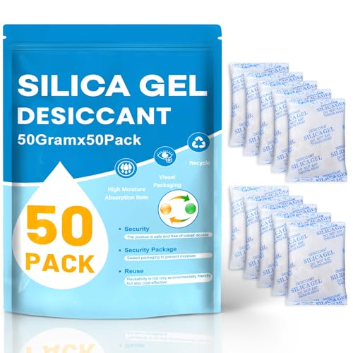 VOISEN 50 Gram 50 Pcs Color-Indicating Silica Gel Packets, Premium Food Grade Desiccant, Transparent Desiccant, Desiccant Packets for Storage, Premium Desiccant Packs for Food, Electronics, Closet