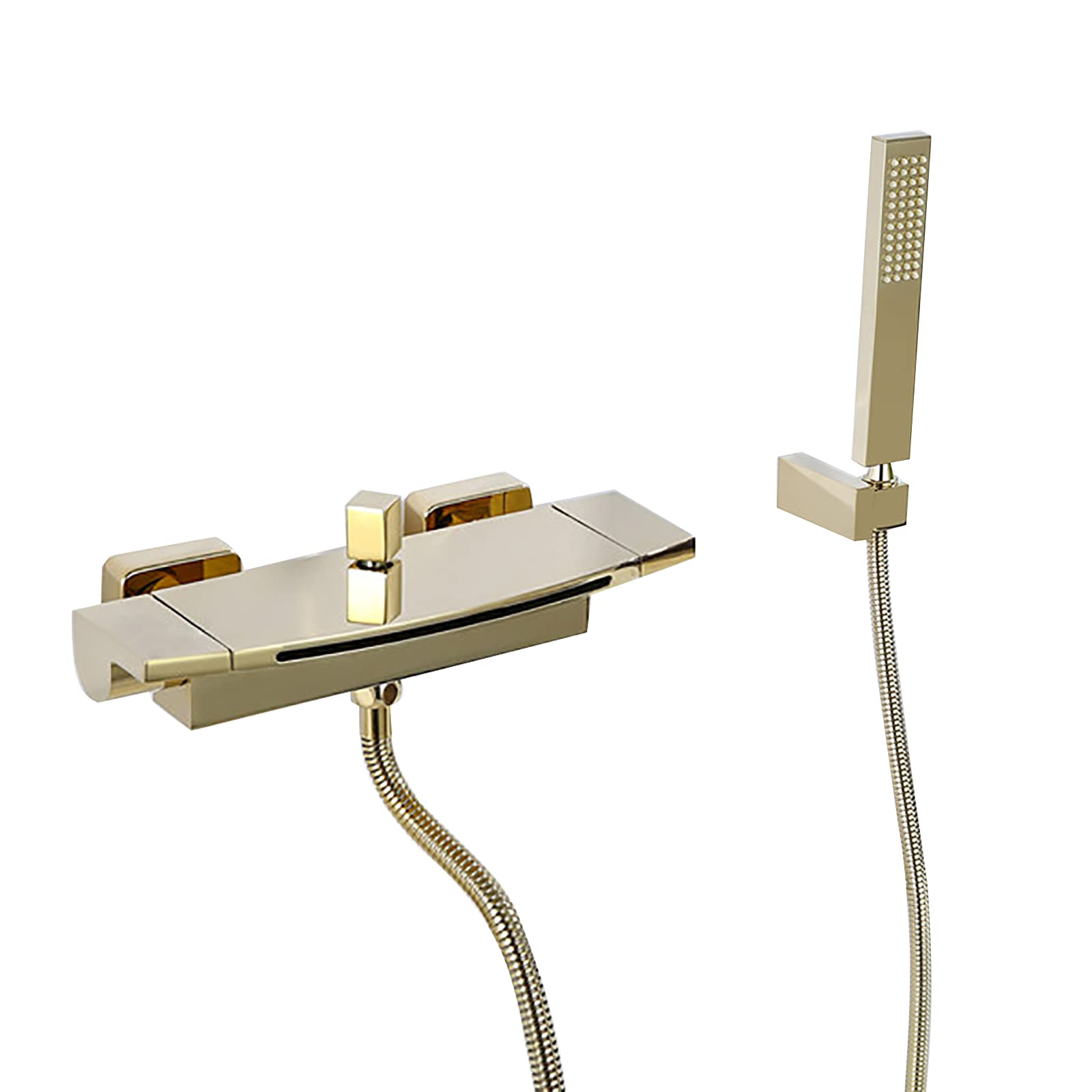 GLJTUO Waterfall Tub Faucet Gold Bathtub Faucet with Handheld Shower, Wall Mounted Tub Tap Brass Tub Filler Faucet Double Handle Filler Mixer Tap for Bathroom