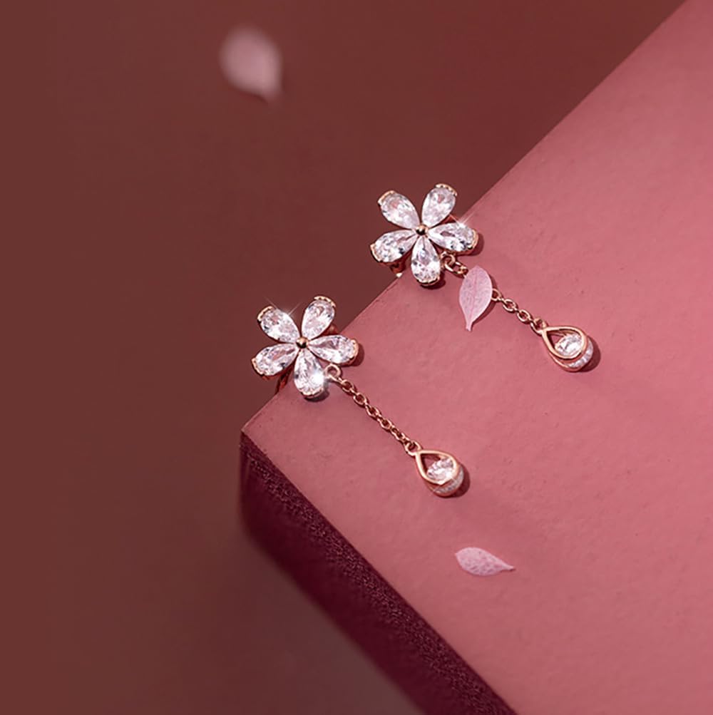 Reffeer Solid 925 Sterling Silver CZ Flower Cuff Earrings for Women Teens Flower Wrap Earrings Droplet Chain Earrings Cartilage Helix Earrings