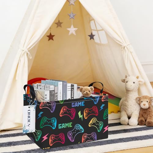 Image of Rectangular Gaming Pattern Foldable Clothes Closet Storage Bin | Damp resistant canvas fabric, sturdy stitched carry grips, space-saving holder arranges wardrobe and leisure area personal.