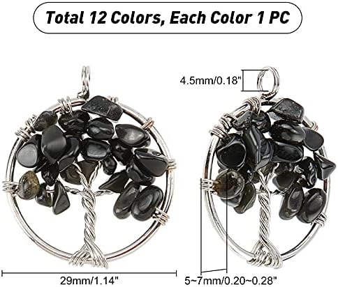 PandaHall 12 Color Tree of Life Pendant Charms Chakra Crystal Stone Pendant Positive Gemstone Pendant Quartz Charms for Necklace Earring Jewellery Making Crafting