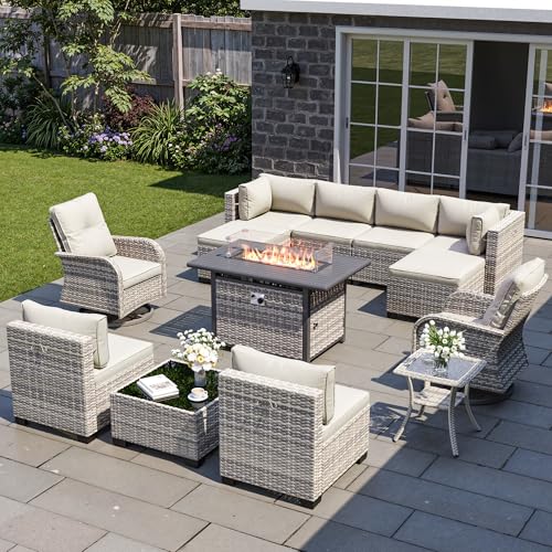 Image of Outdoor PE Wicker Rattan Modular Patio Sectional Sofa Set | 13-Piece: 6 Modular Seats, Coffee Table, 2 Swivel Rocking Chairs, Side Table, 2 Ottomans & 55,000 BTU Fire Pit Table, Ivory