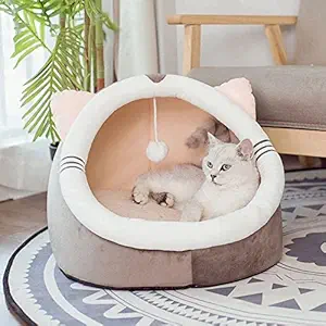 Scizor Cat House in Summer and Winter, 2-in-1 Cat Beds for Indoor Cats with Heating Pad & Removable Washable Cushioned, Cat Tent with Fluffy Ball Hanging