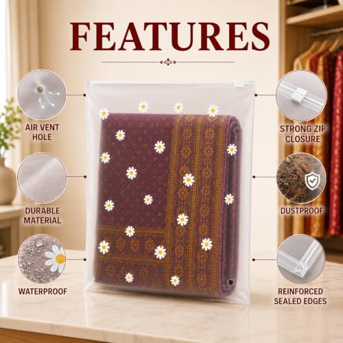 Image of PulGos 24 Pcs, 45 x 35 Cm Saree Cover for Storage | Floral Printed With Zip | Frosted Transparent Bags | Multipurpose Bag for Clothes & Accessories | Packing Covers for Wardrobe Organizer & Traveling