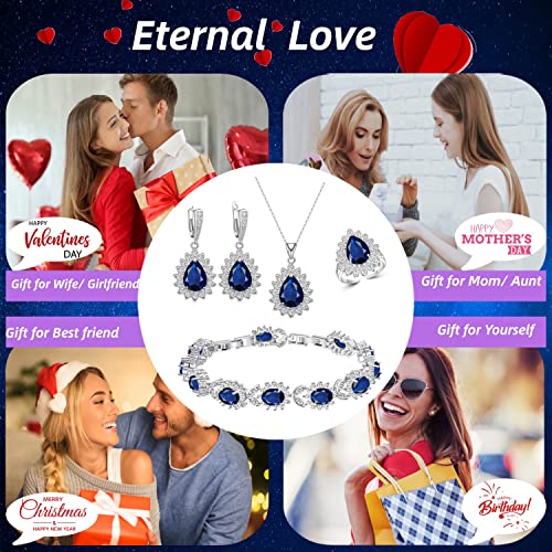 Zcgjwe Royal Blue Sapphire Jewelry Set For Women Girl,Nobile Navy Blue Birthstone Stone Necklace Earrings Adjustable Ring Bracelet Set Accessories For Women Jewelry Set Luxurious Gift For Mom /Wife/Girlfriend/Best Friend/Ladies ,Silver-Tone #TOP6