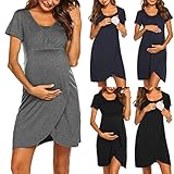 Stillnachthemd Damen Geburtskleid Umstandsnachthemd Kurzarm Umstands Nachthemd mit Stillfunktion Geburt V-Ausschnitt Nachtkleid Umstandskleid für Schwangere oder Stillende Frauen (XXL, Schwarz)
